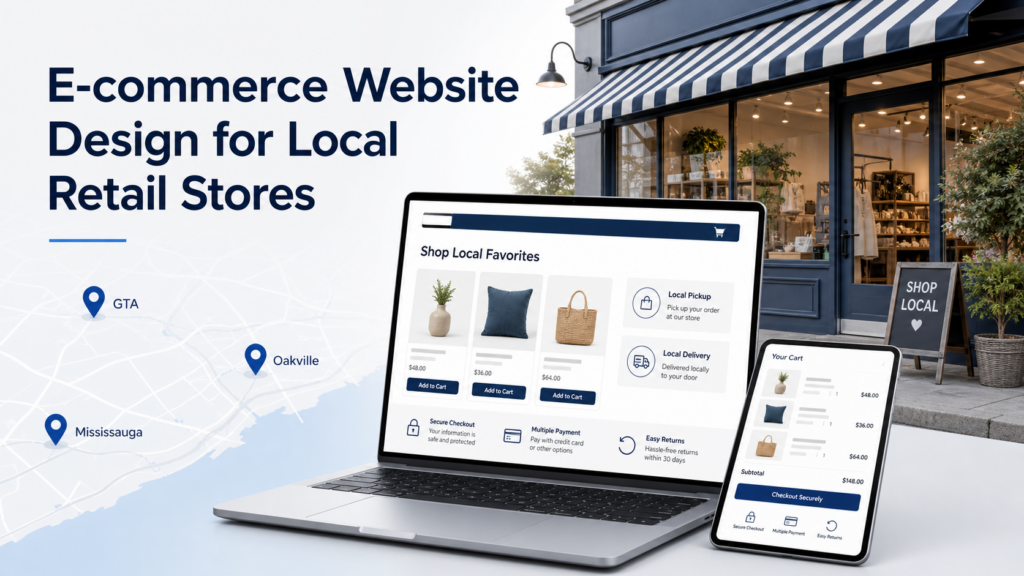 E-commerce website design for local retail stores with product pages, pickup, delivery, and checkout flow
