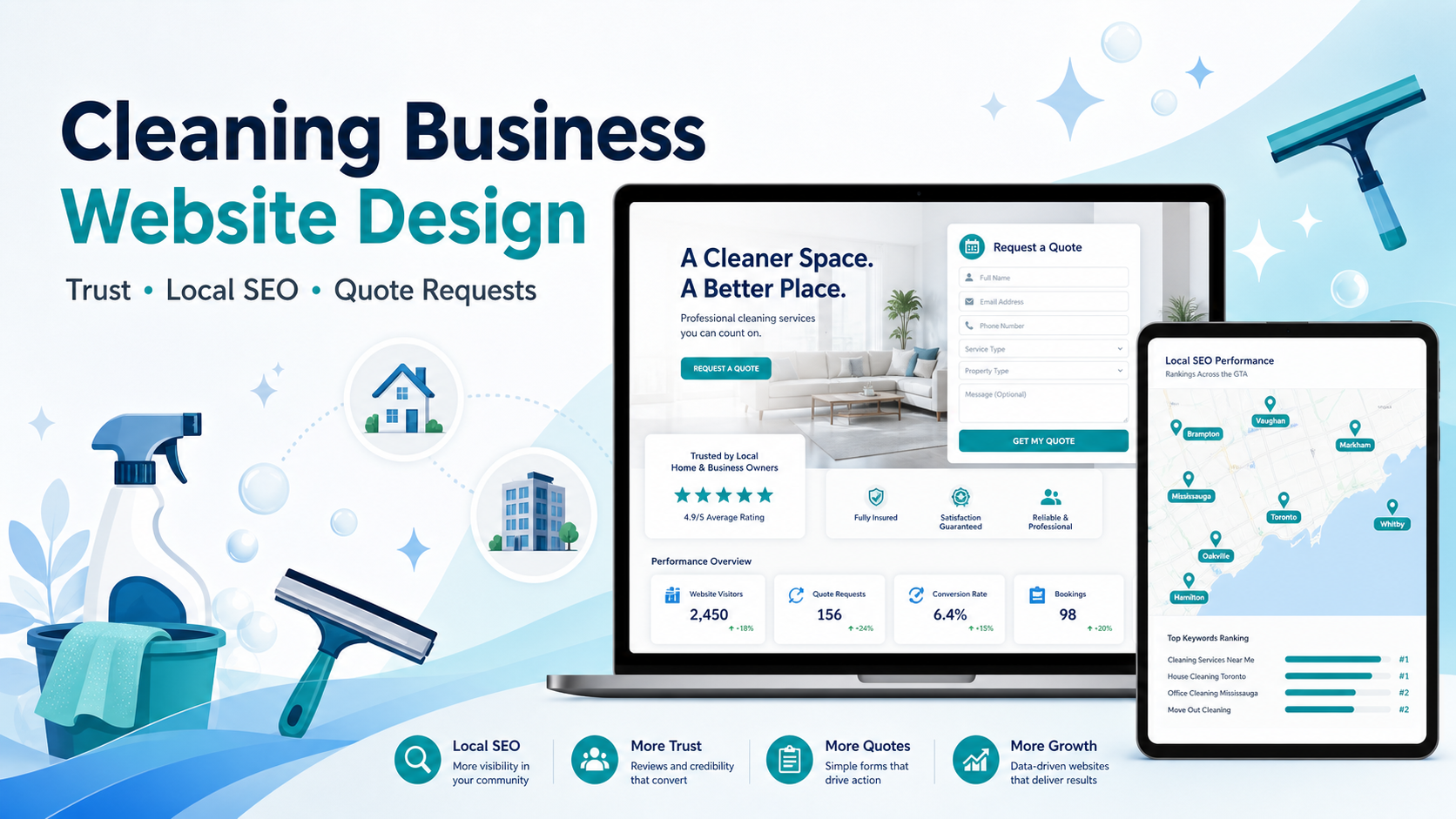 Website design for cleaning businesses with trust signals, local SEO map, booking flow, and quote request form