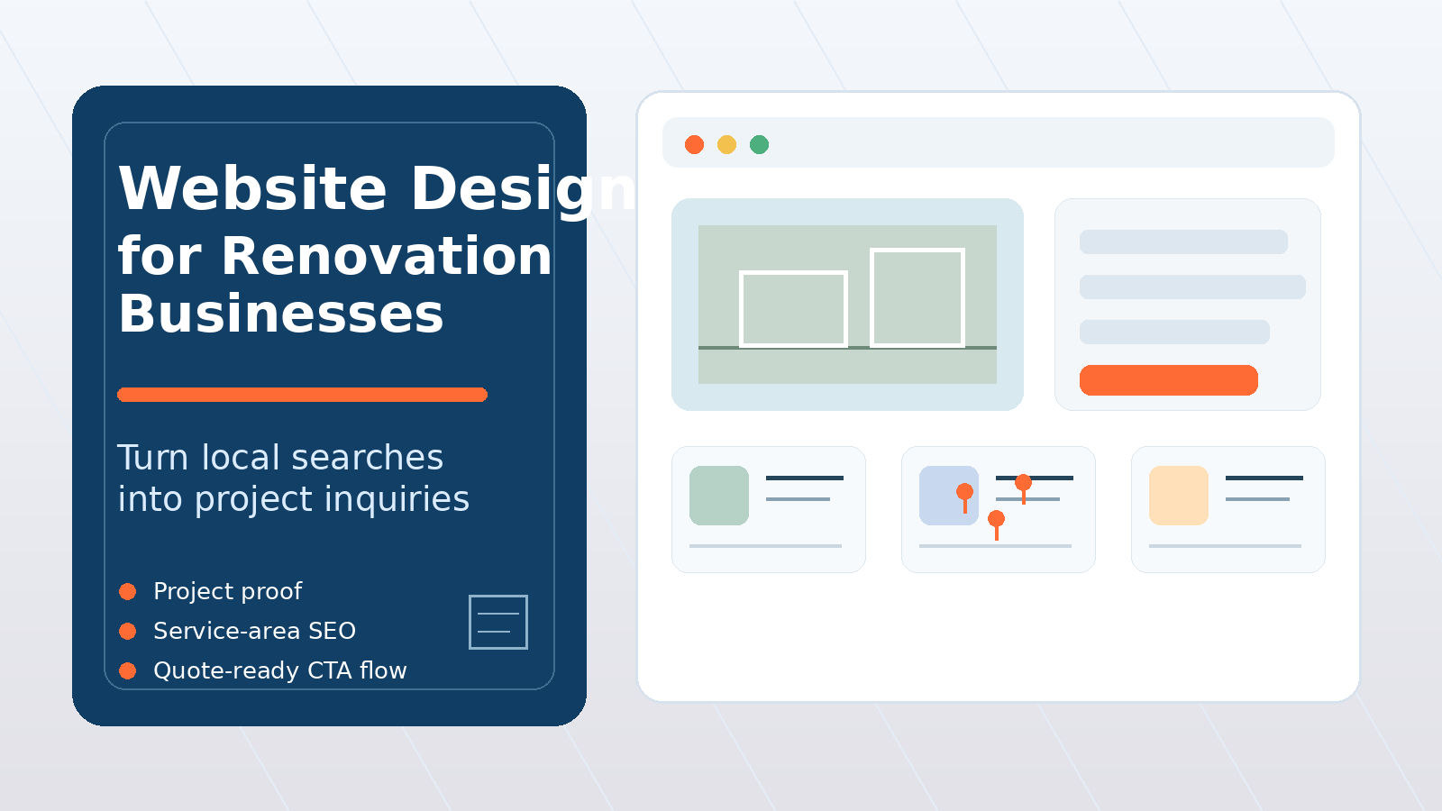 Website design for renovation businesses with project gallery, service area map, reviews, and quote request form
