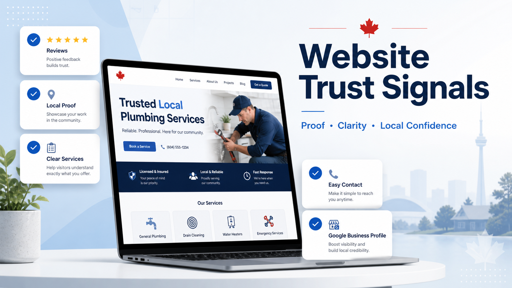 Small business website trust signals with reviews local proof service clarity and easy contact checklist
