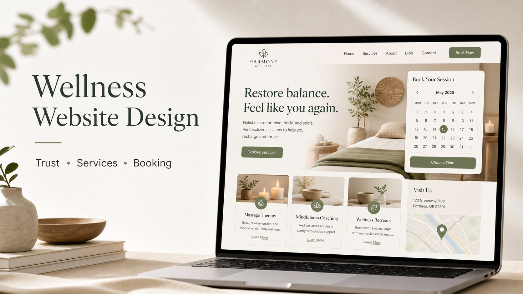 Wellness business website design for local booking with service cards and online booking interface